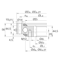 四點接觸球軸承 VSI200544-N, 標準系列 20， 內部的齒輪齒，兩側唇密封