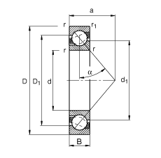 角接觸球軸承 7007-B-TVP, 接觸角 α = 40°